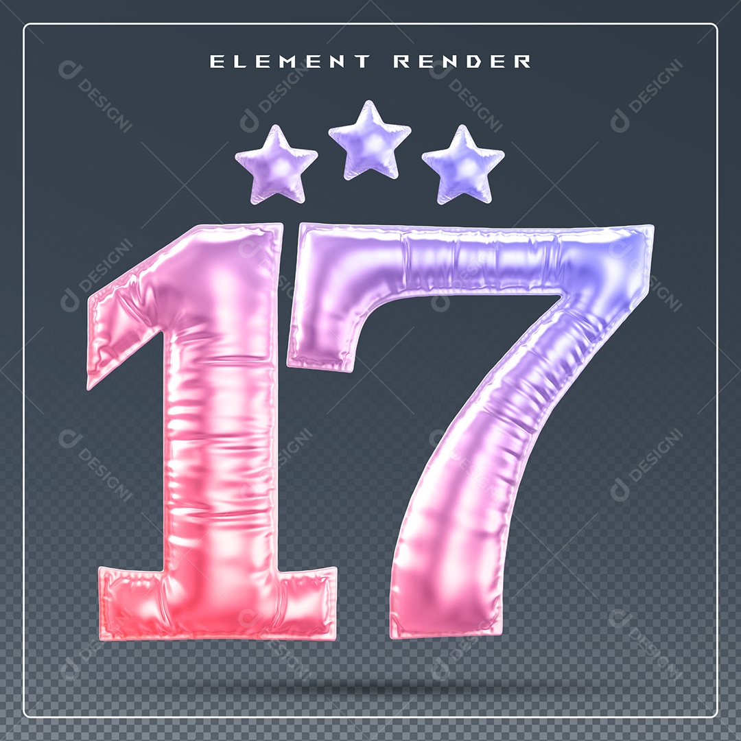Elemento 3D Número 17 Colorido para Composição PSD