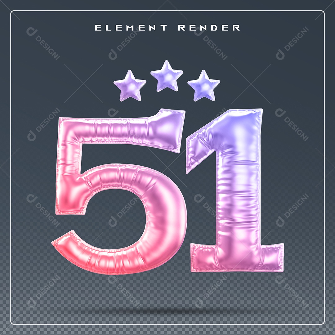 Elemento 3D Número 51 Colorido para Composição PSD