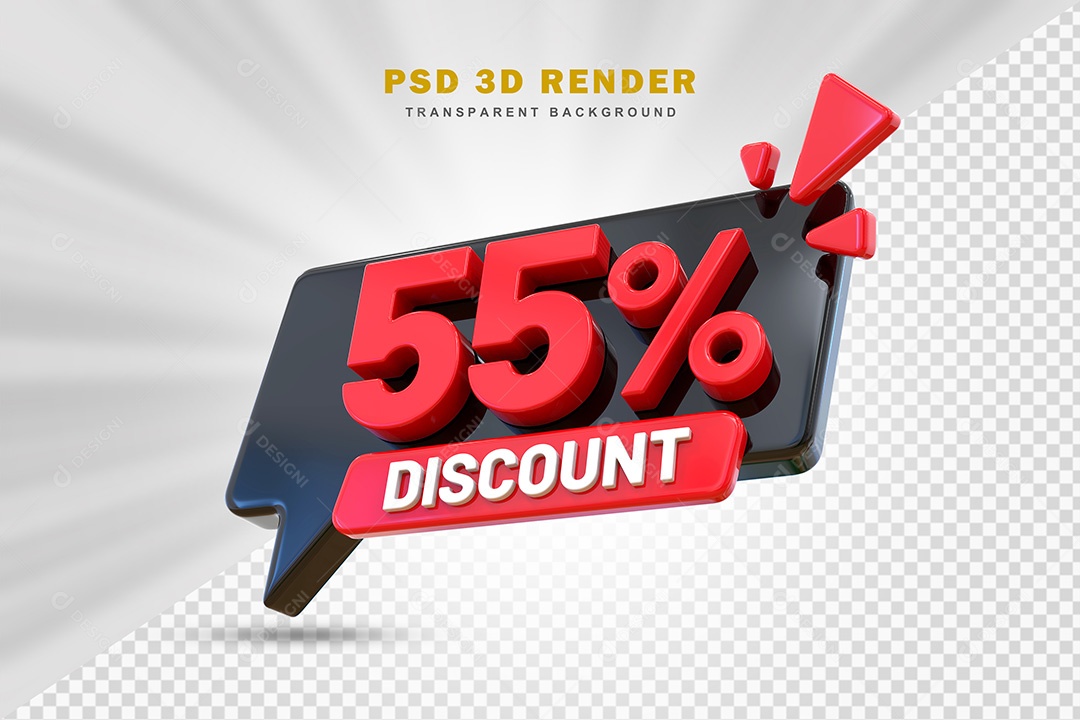 Elemento 3D Número 55% de Desconto Preto e Vermelho Para Composição PSD