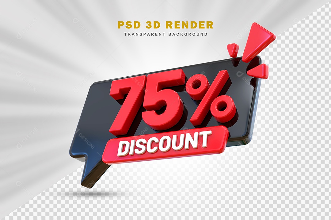 Elemento 3D Número 75% de Desconto Preto e Vermelho Para Composição PSD