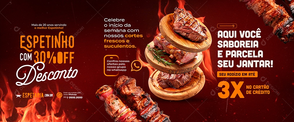Carrossel Churrascaria Espetinho com 30% Off Social Media PSD Editável