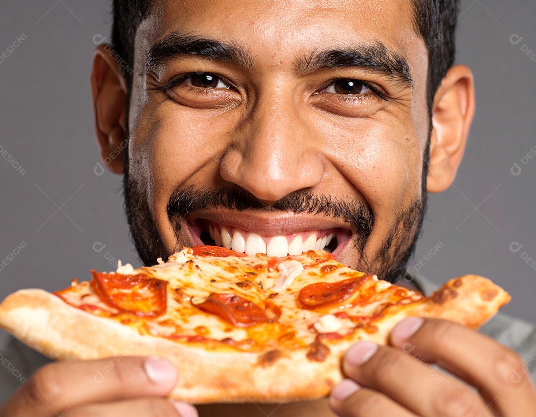 Imagem com um homem segurando uma fatia de pizza perto da boca
