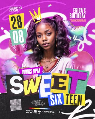 Aniversário da Erica Sweet Sixteen Flyer 28 de Agosto PSD Editável