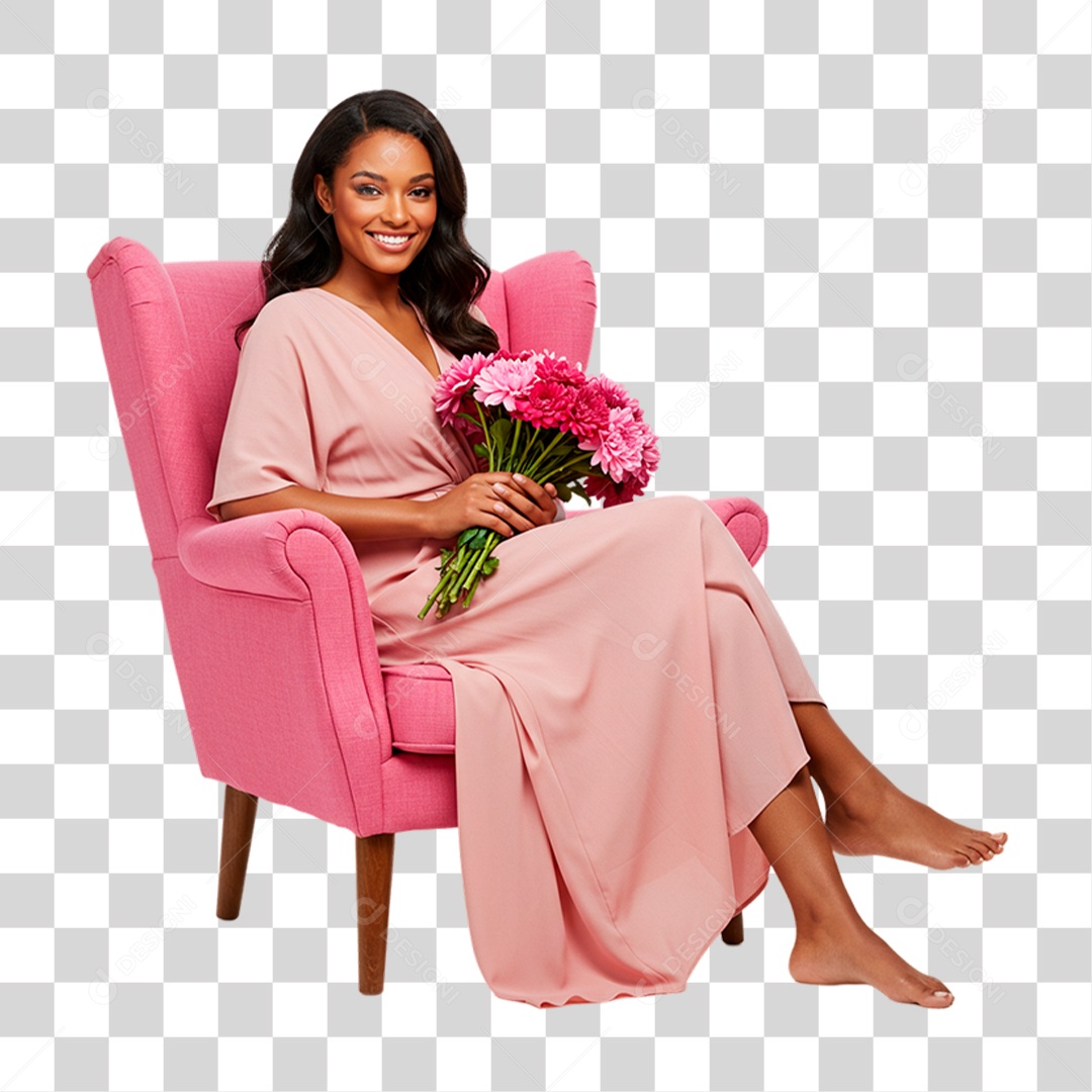 Mulher Segurando Flores Conscientização de Outubro Rosa PNG Transparente