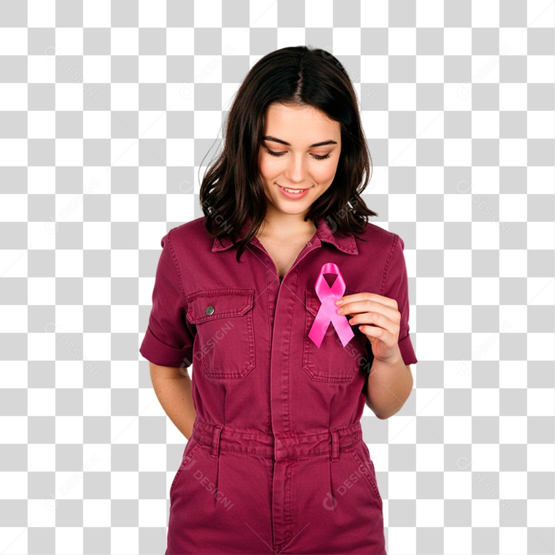 Mulher Segurando Fita Rosa Conscientização de Outubro Rosa PNG Transparente