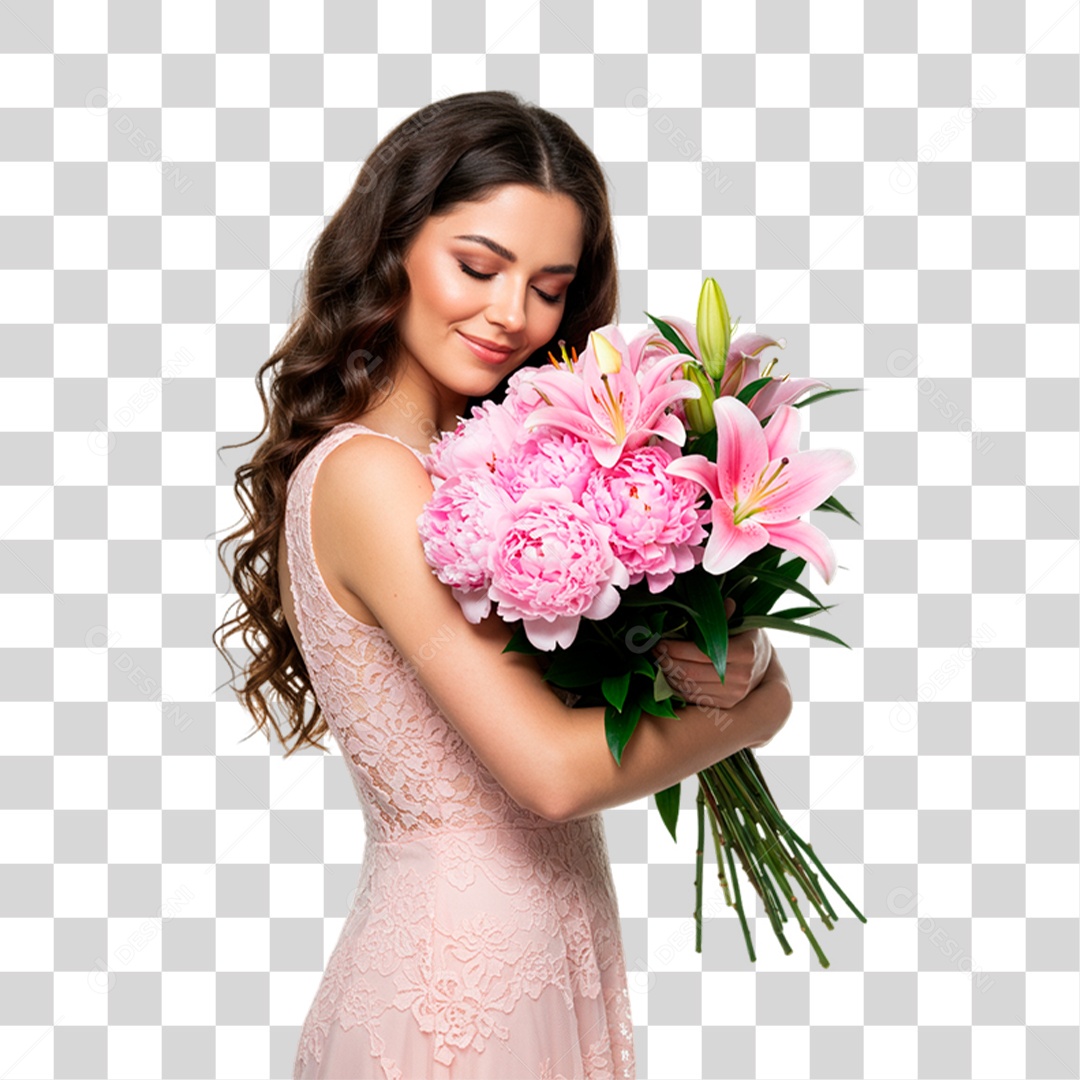 Mulher Segurando Flores Conscientização de Outubro Rosa PNG Transparente