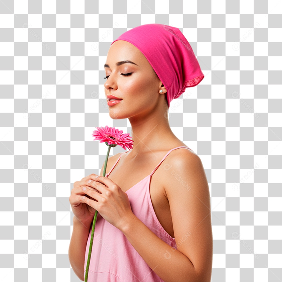 Mulher Segurando Flor Conscientização de Outubro Rosa PNG Transparente