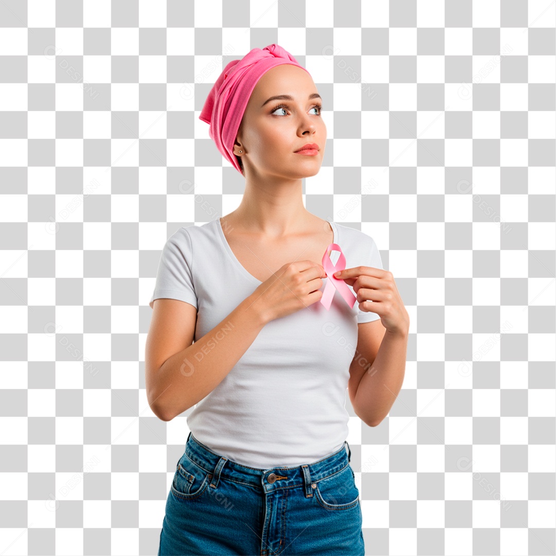 Mulher Segurando Fita Rosa Conscientização de Outubro Rosa PNG Transparente