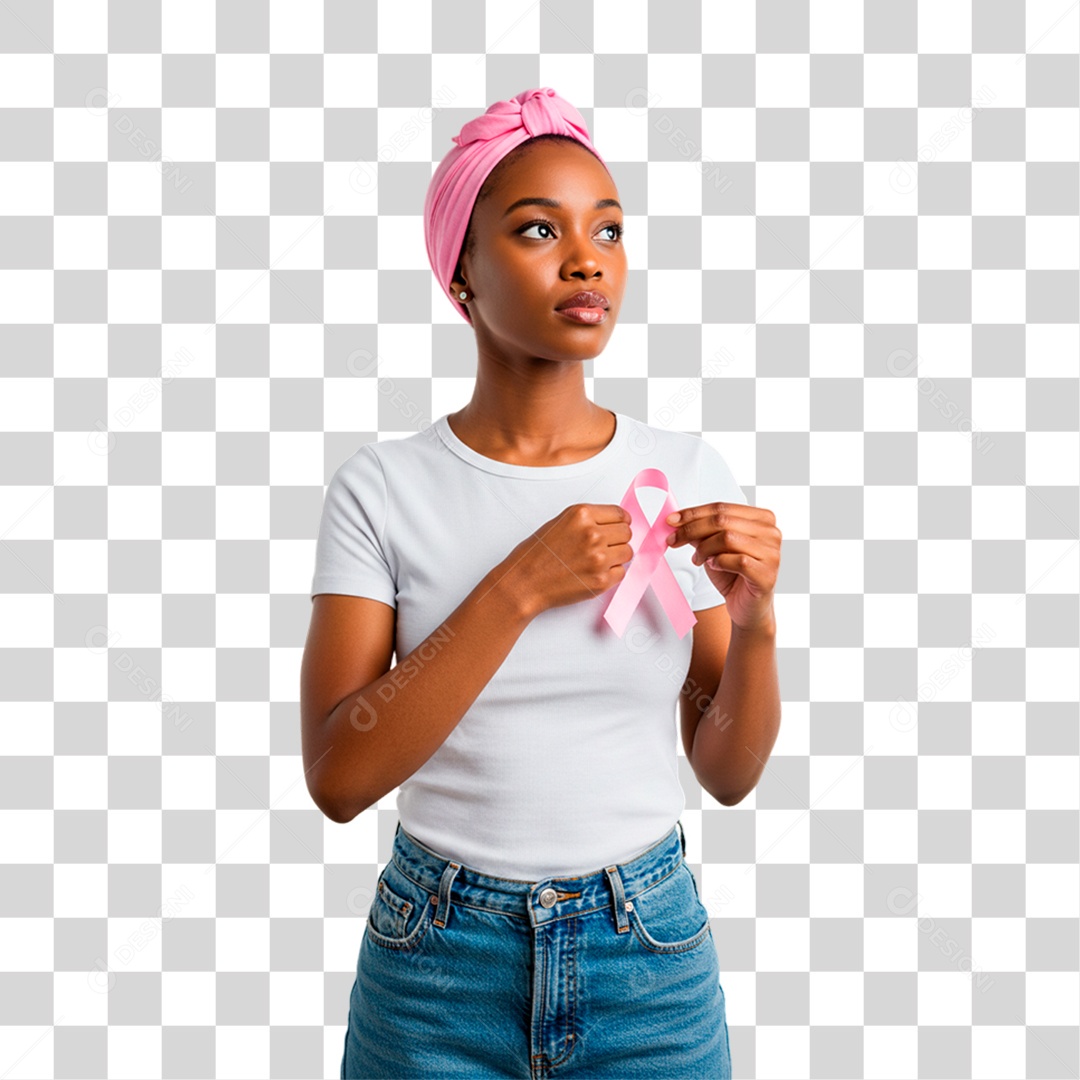 Mulher Segurando Fita Rosa Conscientização de Outubro Rosa PNG Transparente)