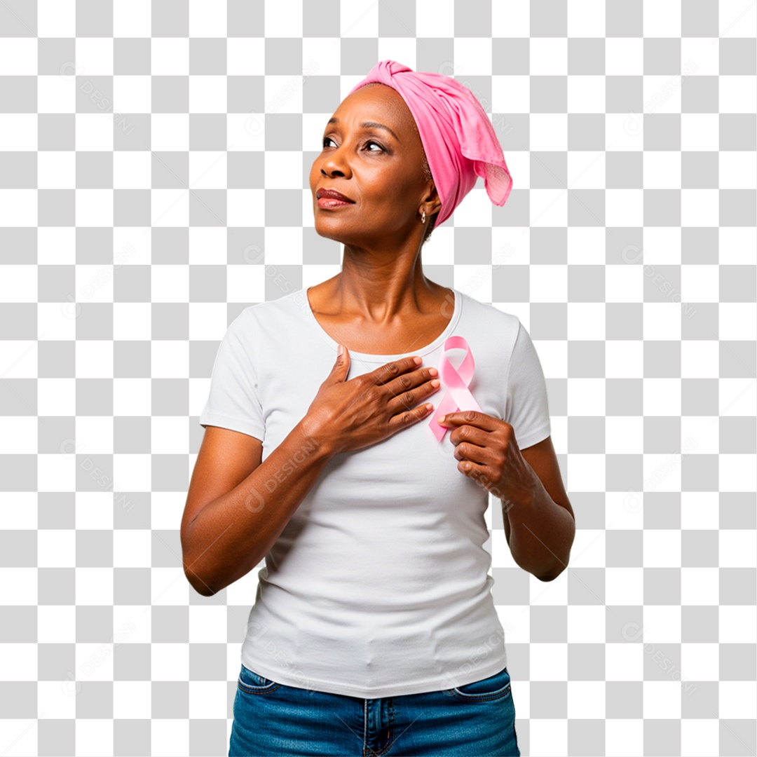 Mulher Idosa Segurando Fita Rosa Conscientização de Outubro Rosa PNG Transparente