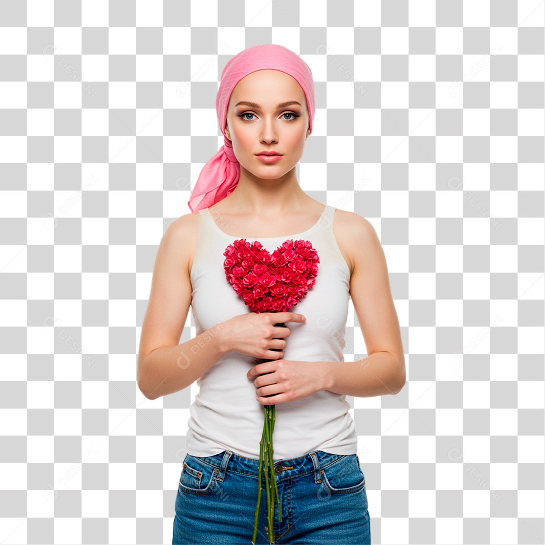 Mulher Segurando Flores Conscientização de Outubro Rosa PNG Transparente