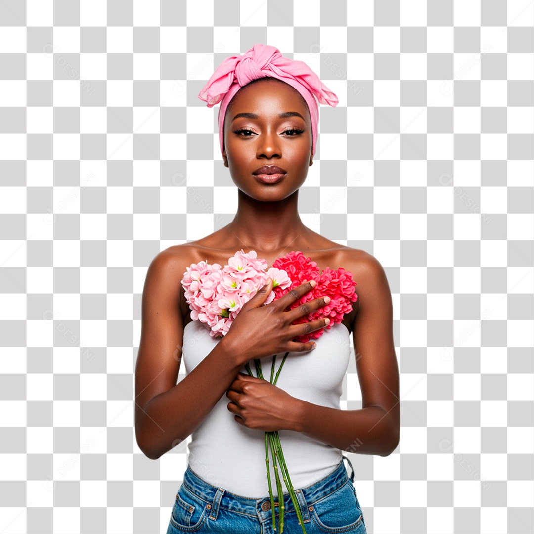 Mulher Segurando Flores Conscientização de Outubro Rosa PNG Transparente