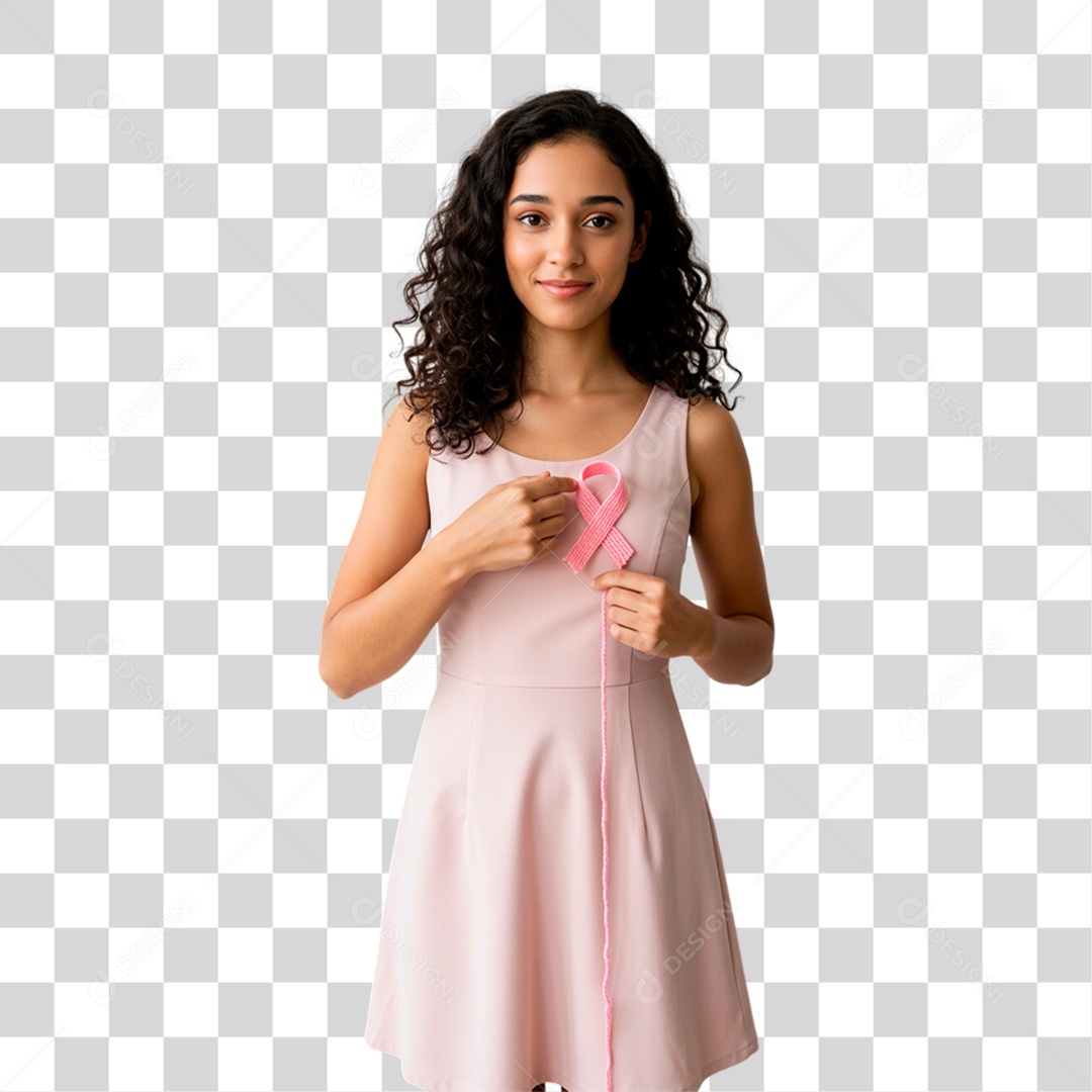 Mulher Segurando Fita Rosa Conscientização de Outubro Rosa PNG Transparente