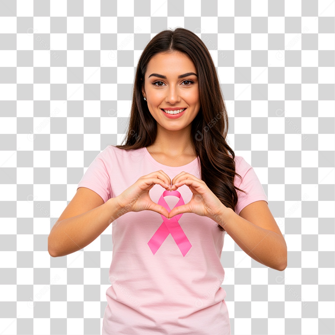 Mulher Fazendo Sinal de Coração Conscientização de Outubro Rosa PNG Transparente