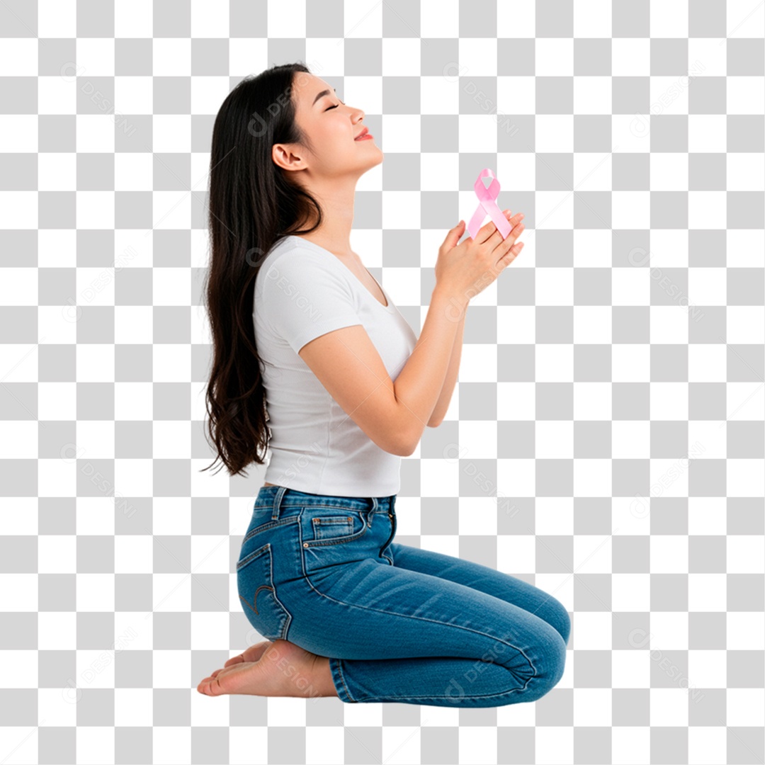 Mulher Segurando Fita Rosa Conscientização de Outubro Rosa PNG Transparente