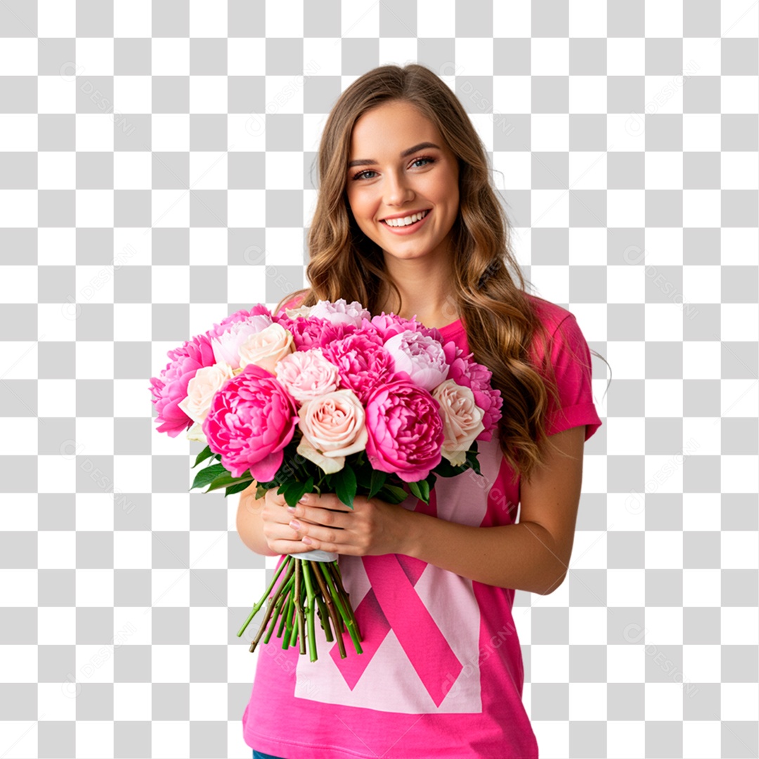 Mulher Segurando Flores Conscientização de Outubro Rosa PNG Transparente