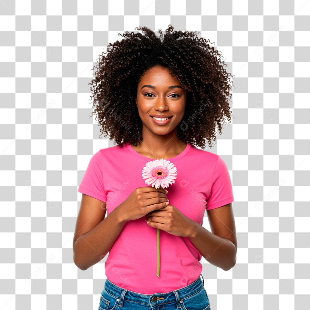 Mulher Segurando Flor Rosa Conscientização de Outubro Rosa PNG Transparente