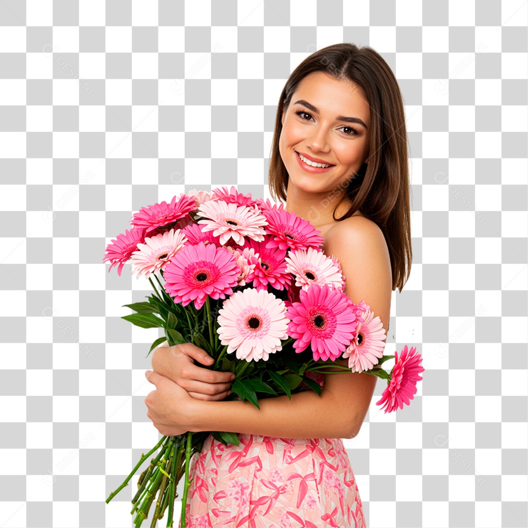 Mulher Segurando Flores Conscientização de Outubro Rosa PNG Transparente