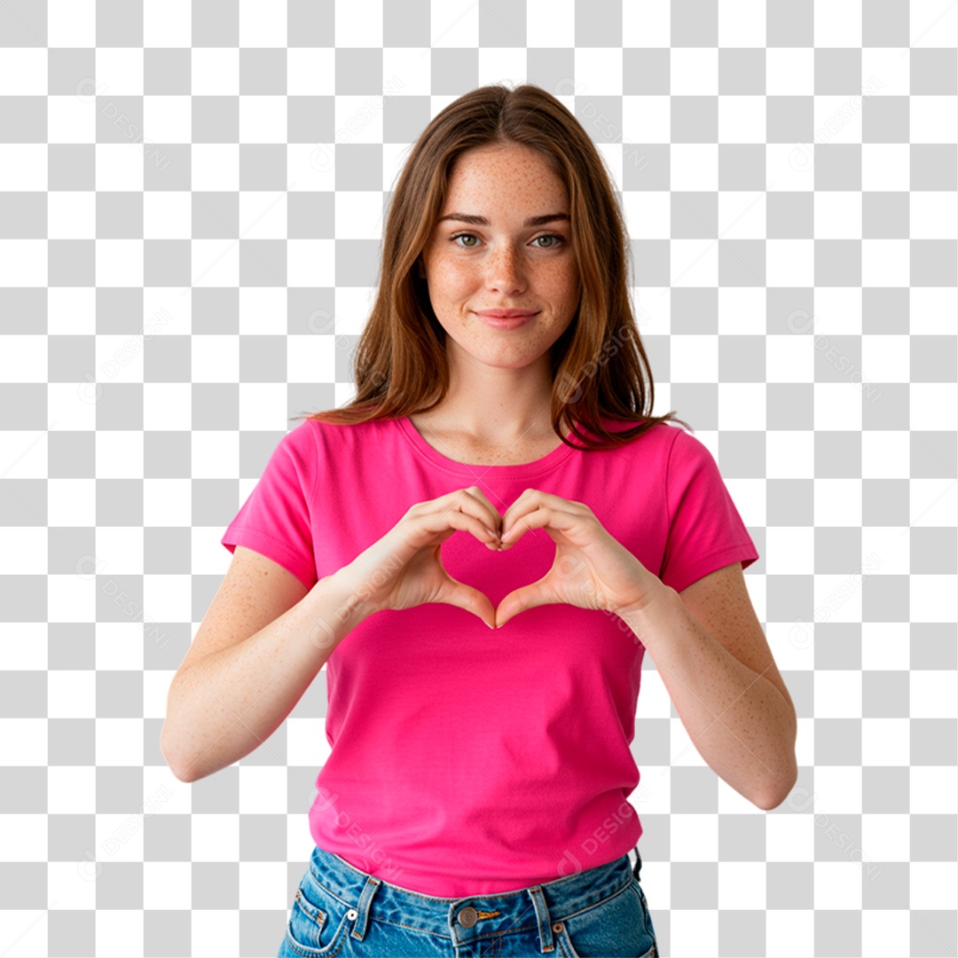 Mulher Fazendo Sinal de Coração Conscientização de Outubro Rosa PNG Transparente