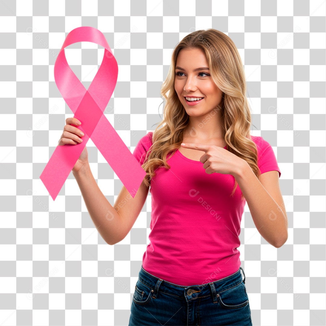 Mulher Segurando Fita Rosa Conscientização de Outubro Rosa PNG Transparente