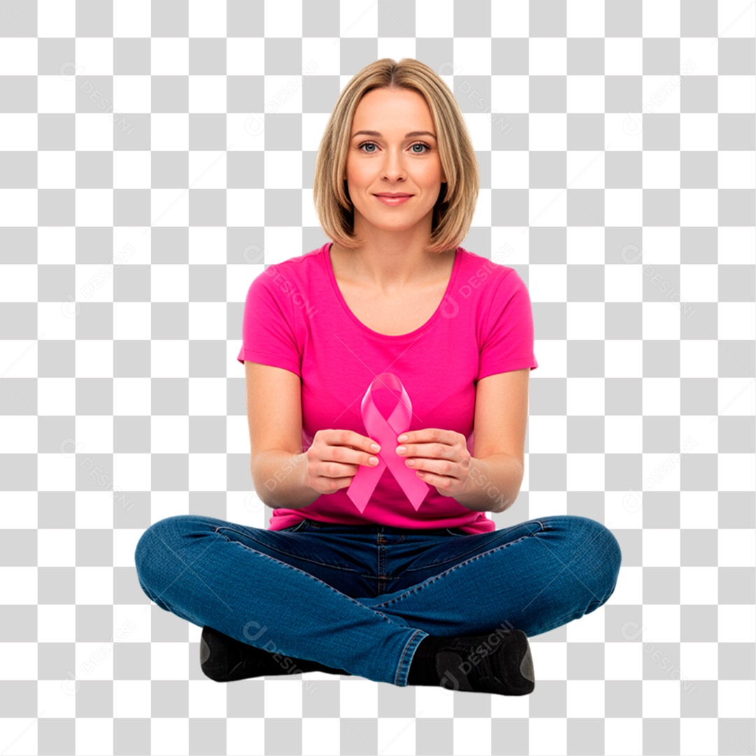 Mulher Segurando Fita Rosa Conscientização de Outubro Rosa PNG Transparente