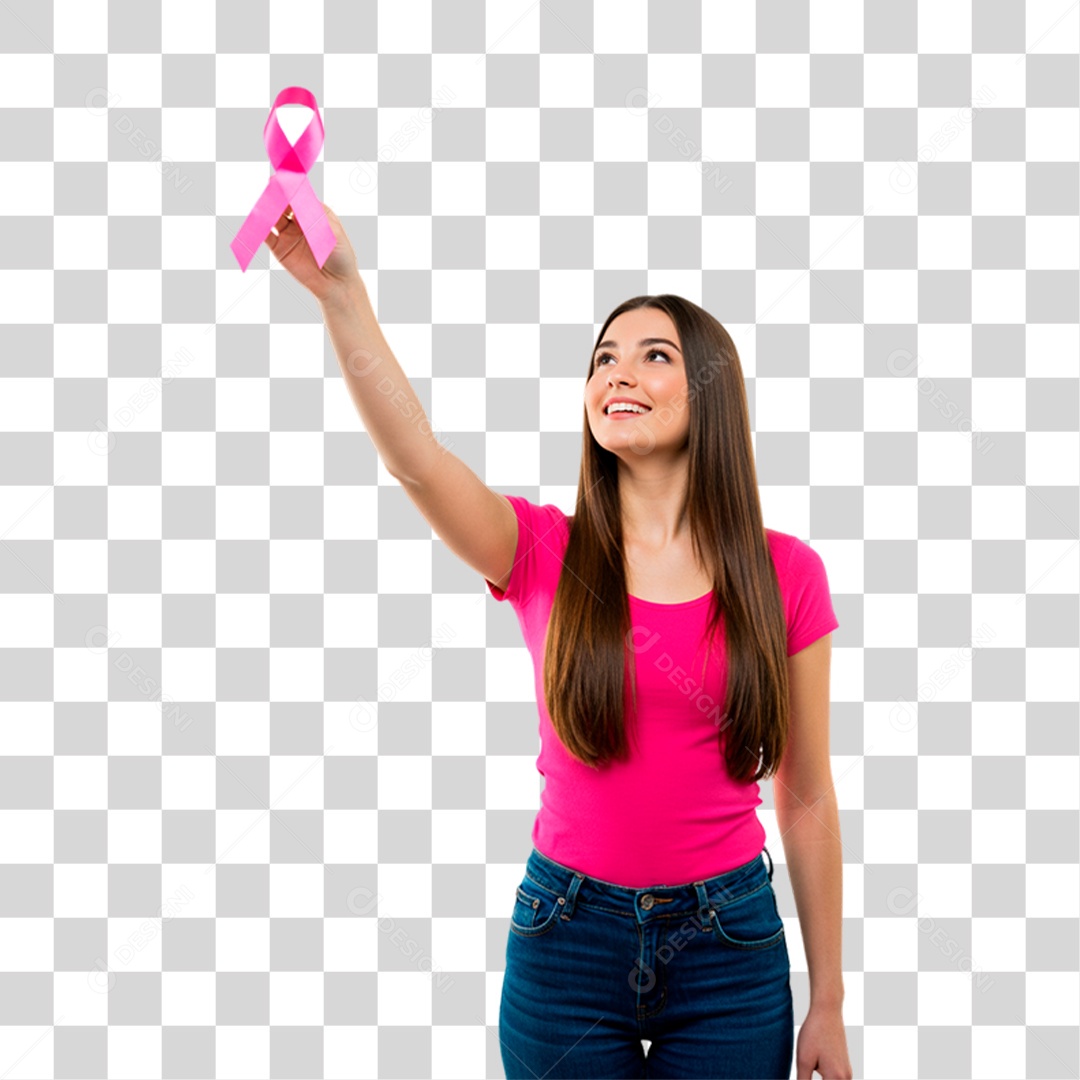 Mulher Segurando Fita Rosa Conscientização de Outubro Rosa PNG Transparente