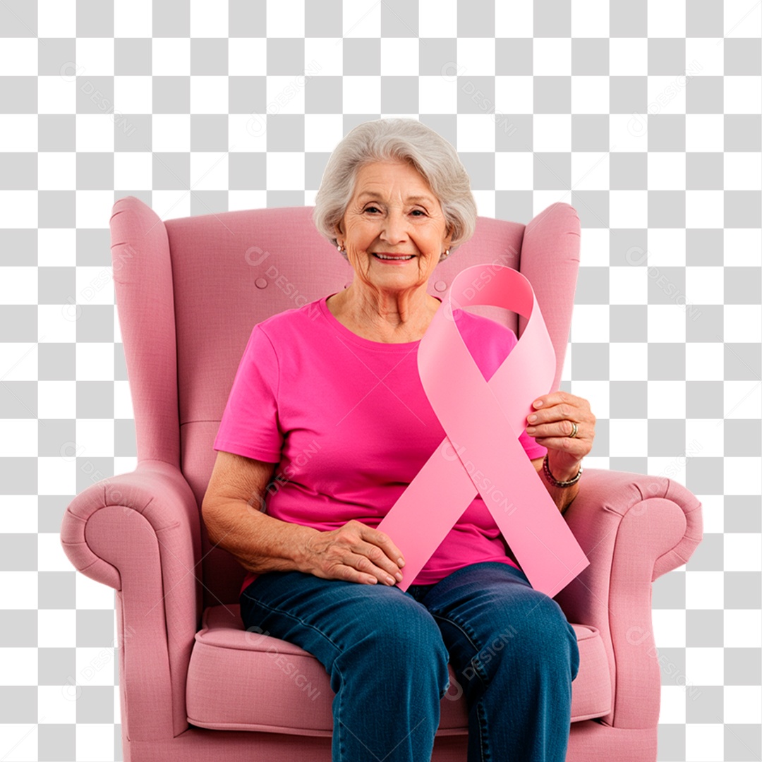 Mulher Idosa Segurando Fita Rosa Conscientização de Outubro Rosa PNG Transparente