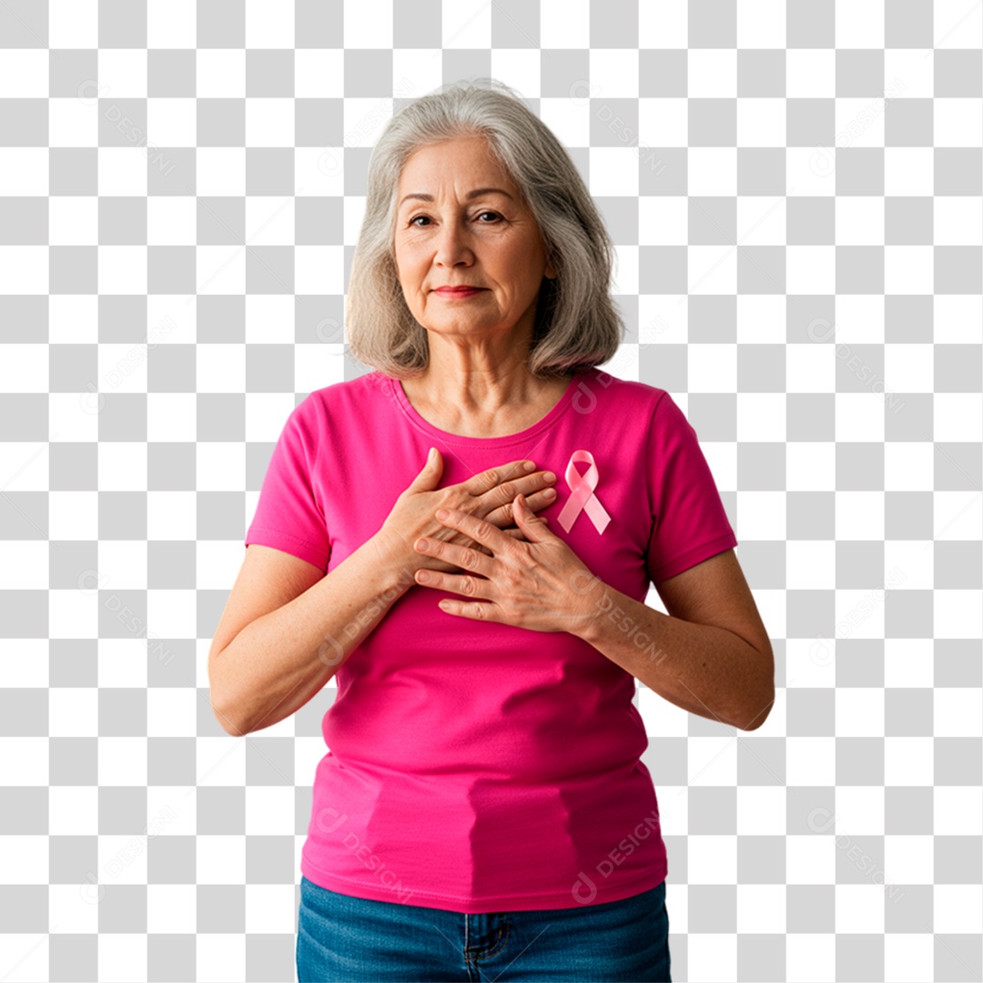 Mulher Idosa com Roupa Rosa Conscientização de Outubro Rosa PNG Transparente