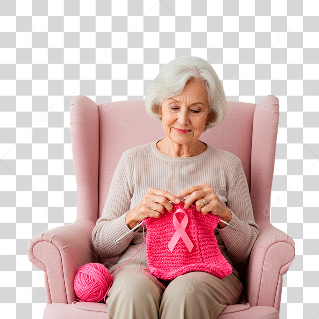 Mulher Idosa Fazendo Crochê Rosa Conscientização de Outubro Rosa PNG Transparente