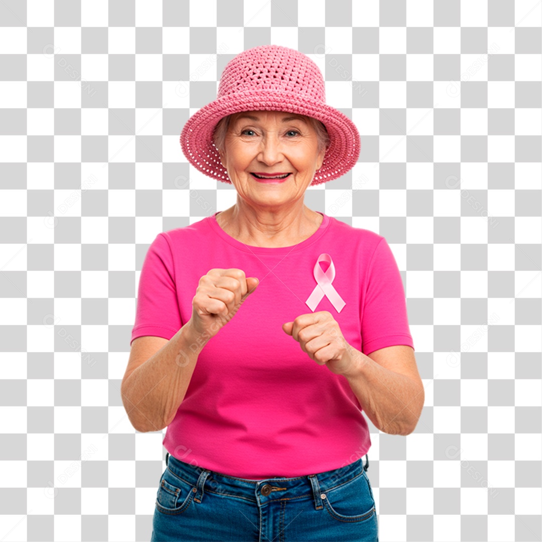 Mulher Idosa com Roupa Rosa Conscientização de Outubro Rosa PNG Transparente