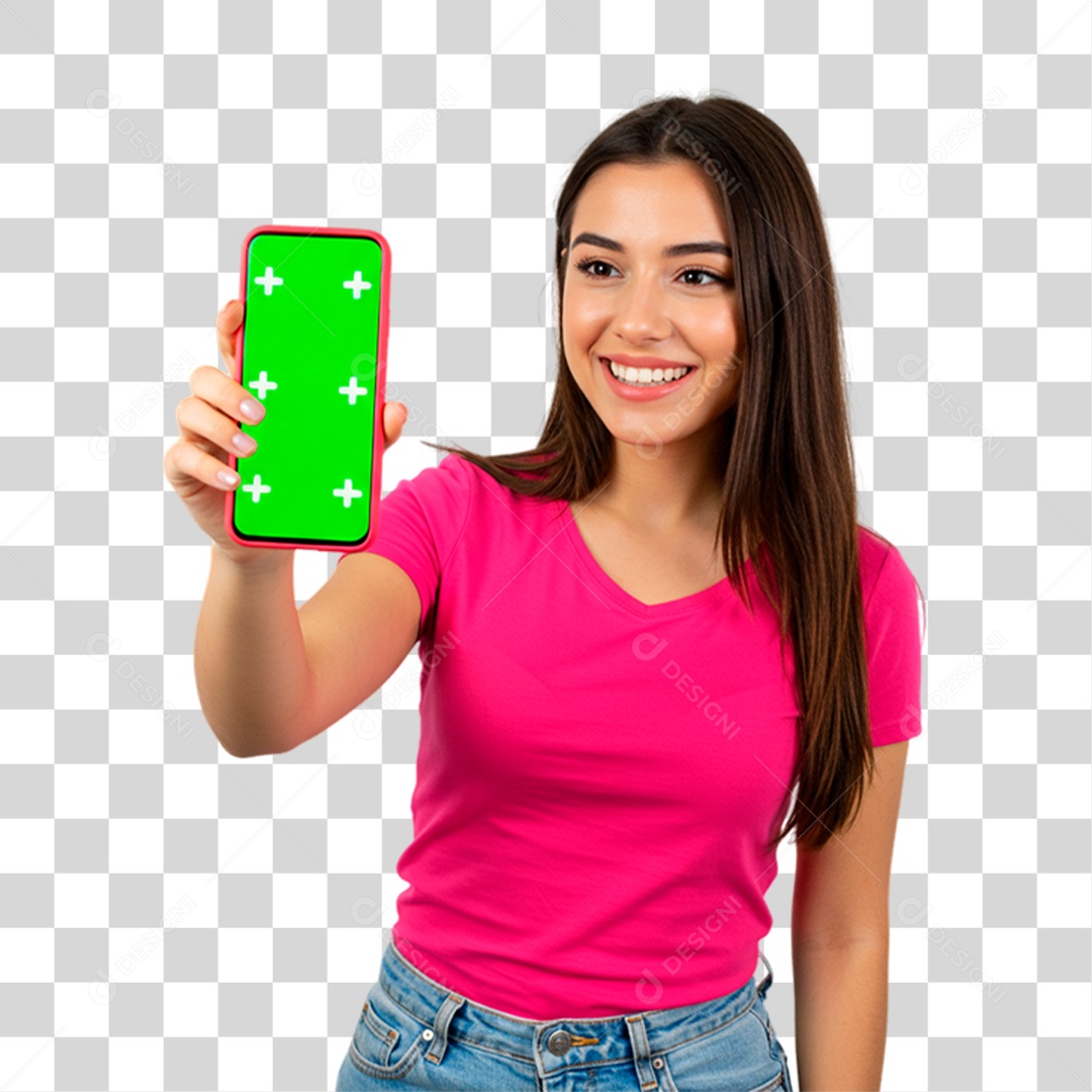 Mulher Segurando Celular com Chroma Key Conscientização de Outubro Rosa PNG Transparente