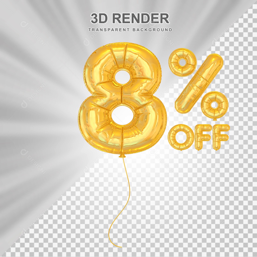 Elemento 3D Balão Amarelo de Número 8% para Composição PSD