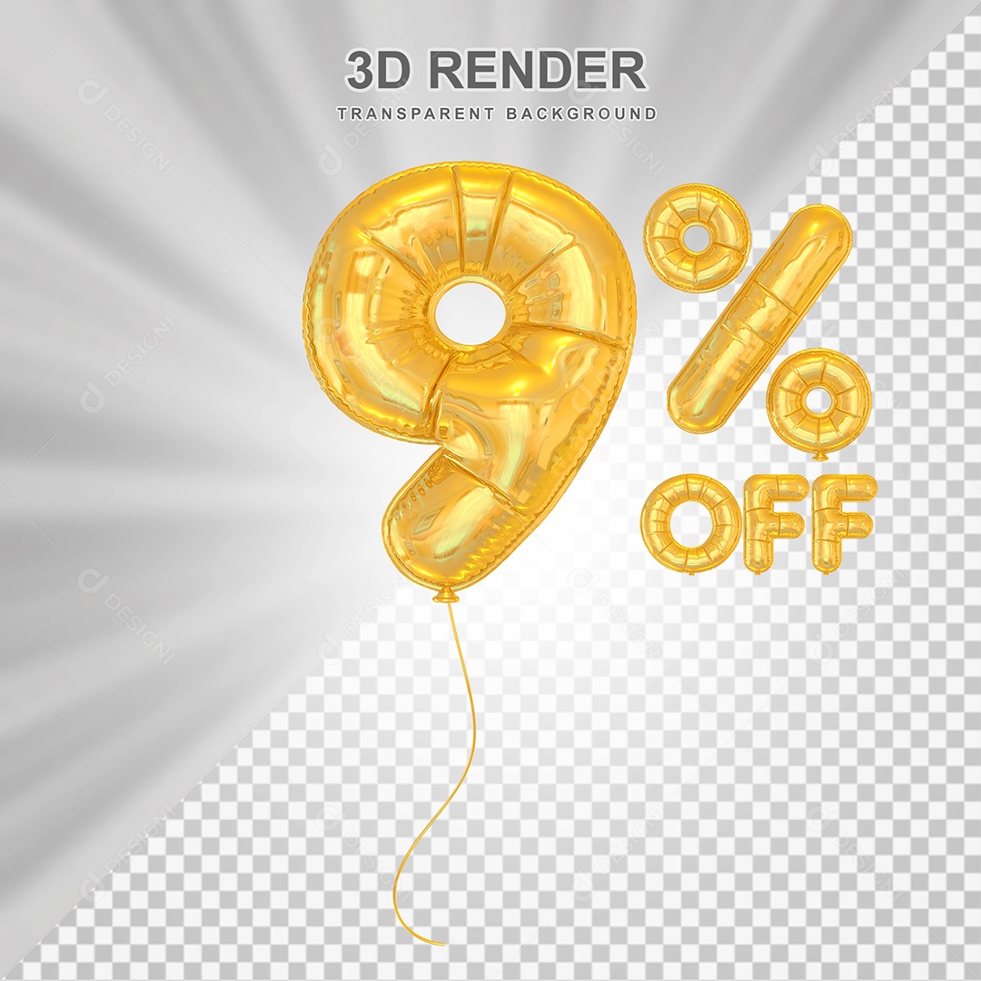 Elemento 3D Balão Amarelo de Número 9% para Composição PSD