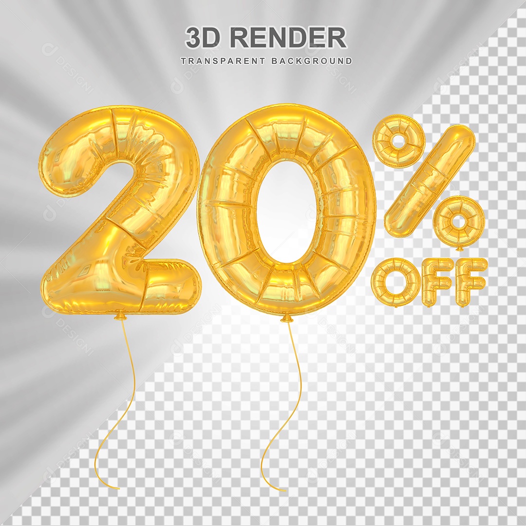 Elemento 3D Balão Amarelo de Número 20% para Composição PSD