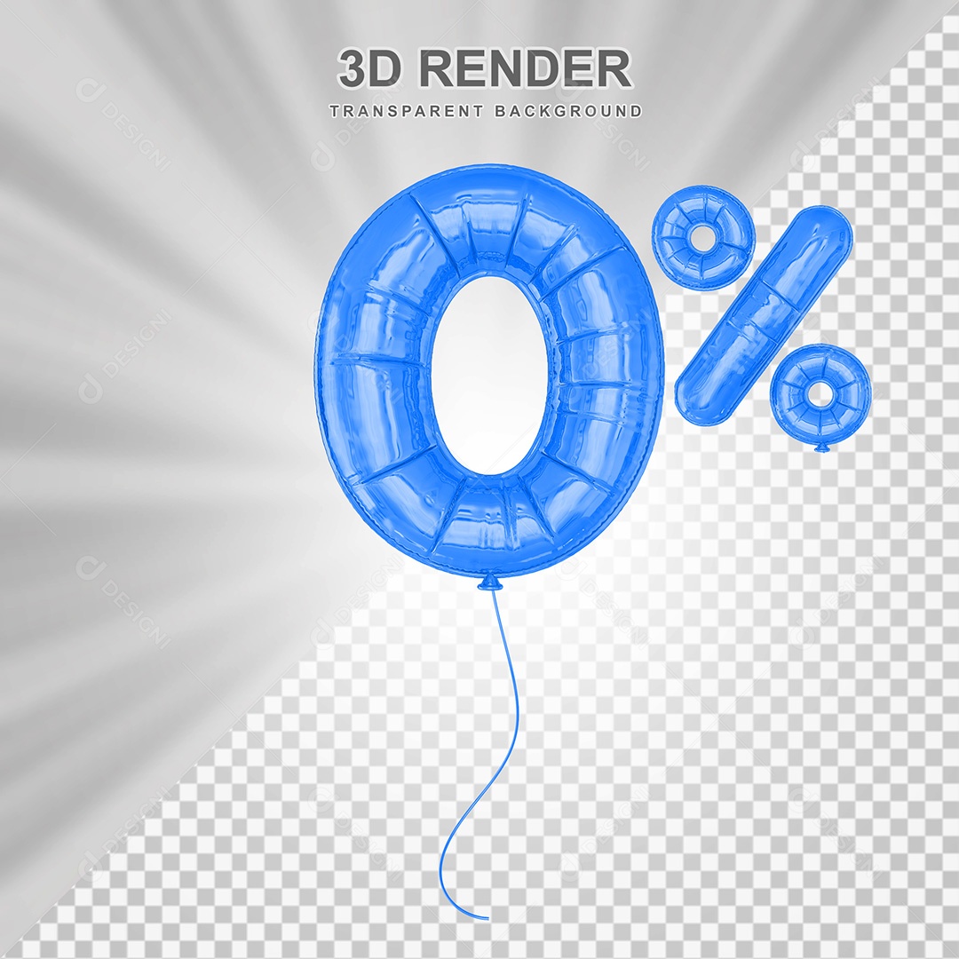 Elemento 3D Balão Azul de Número 0% para Composição PSD