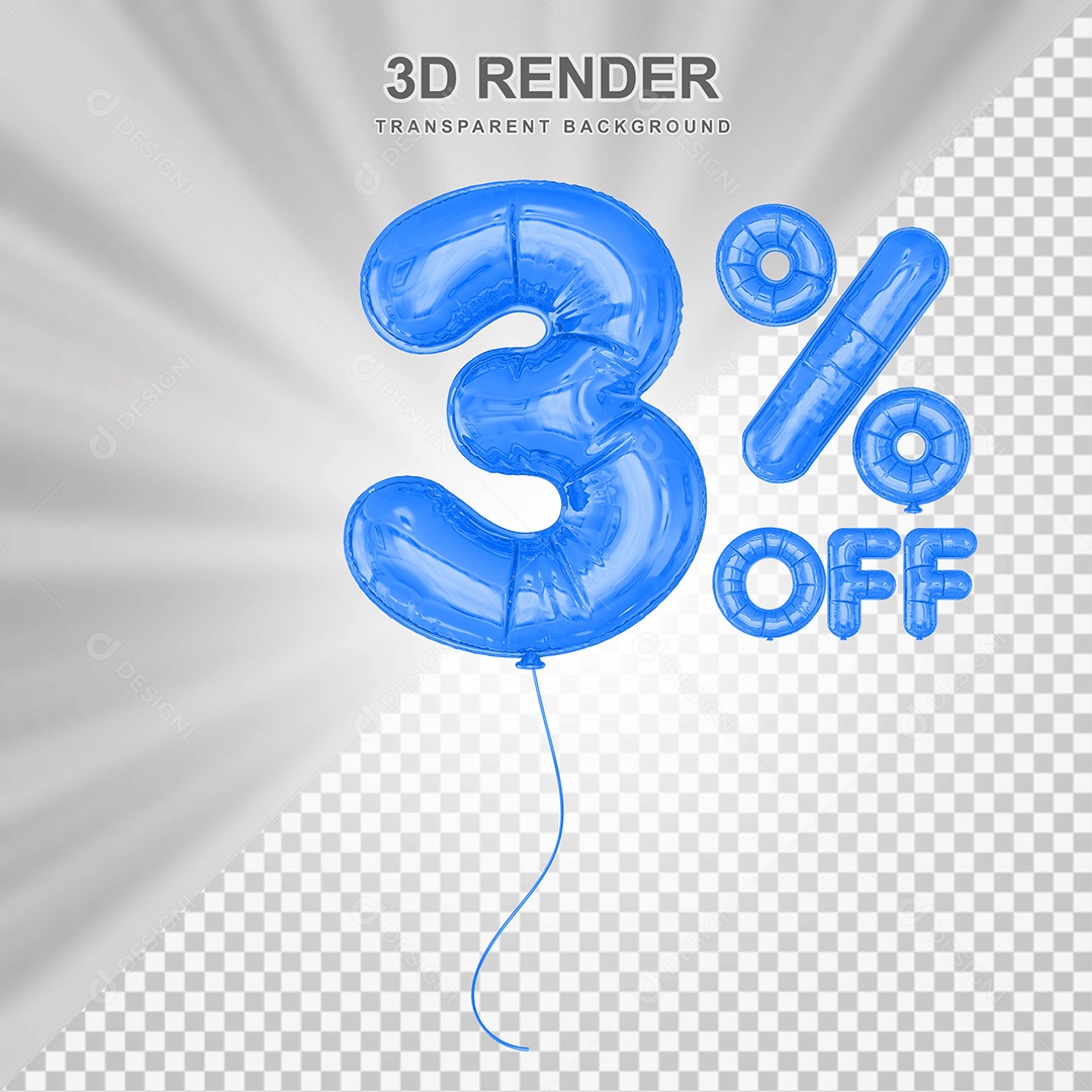 Elemento 3D Balão Azul de Número 3% para Composição PSD