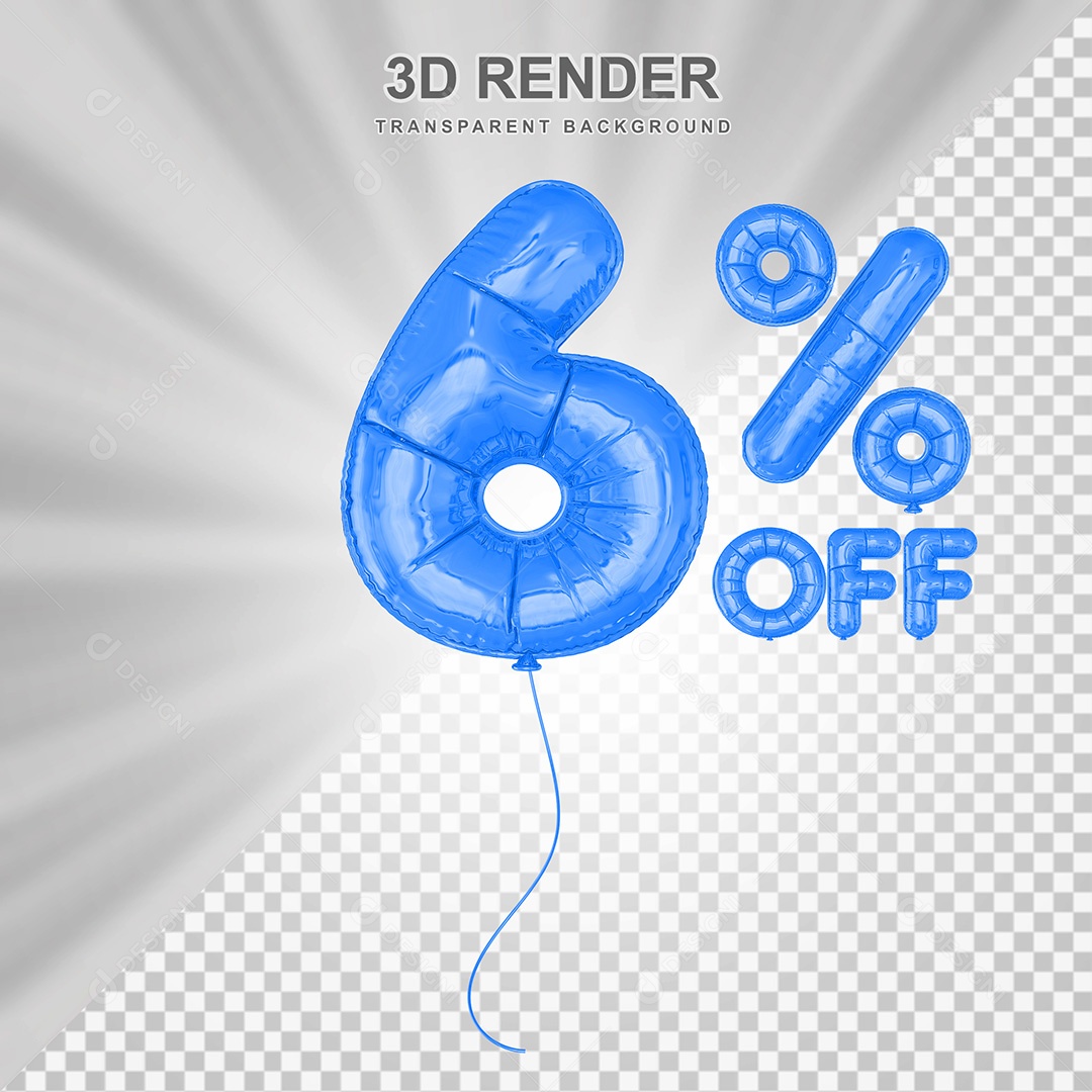 Elemento 3D Balão Azul de Número 6% para Composição PSD