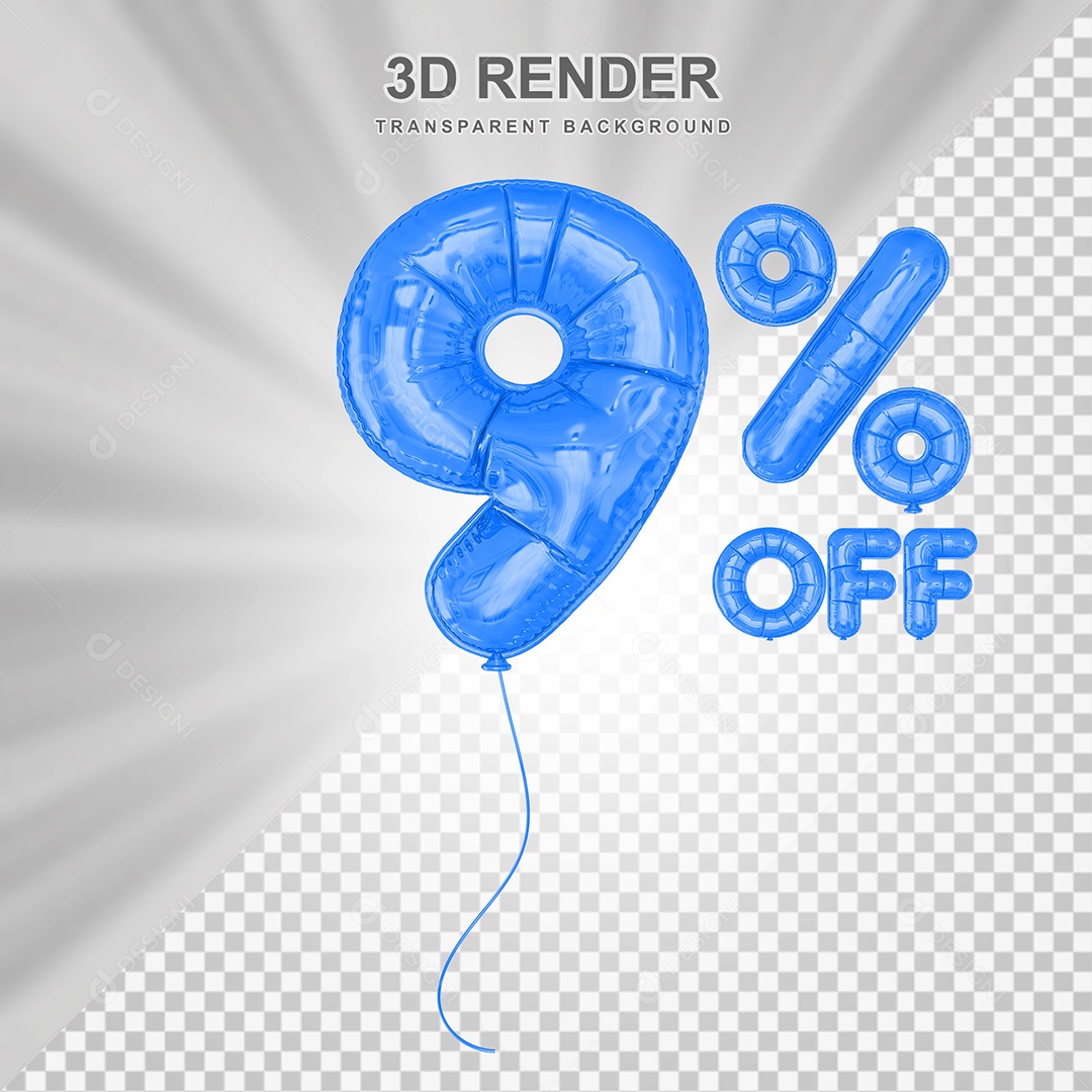 Elemento 3D Balão Azul de Número 9% para Composição PSD