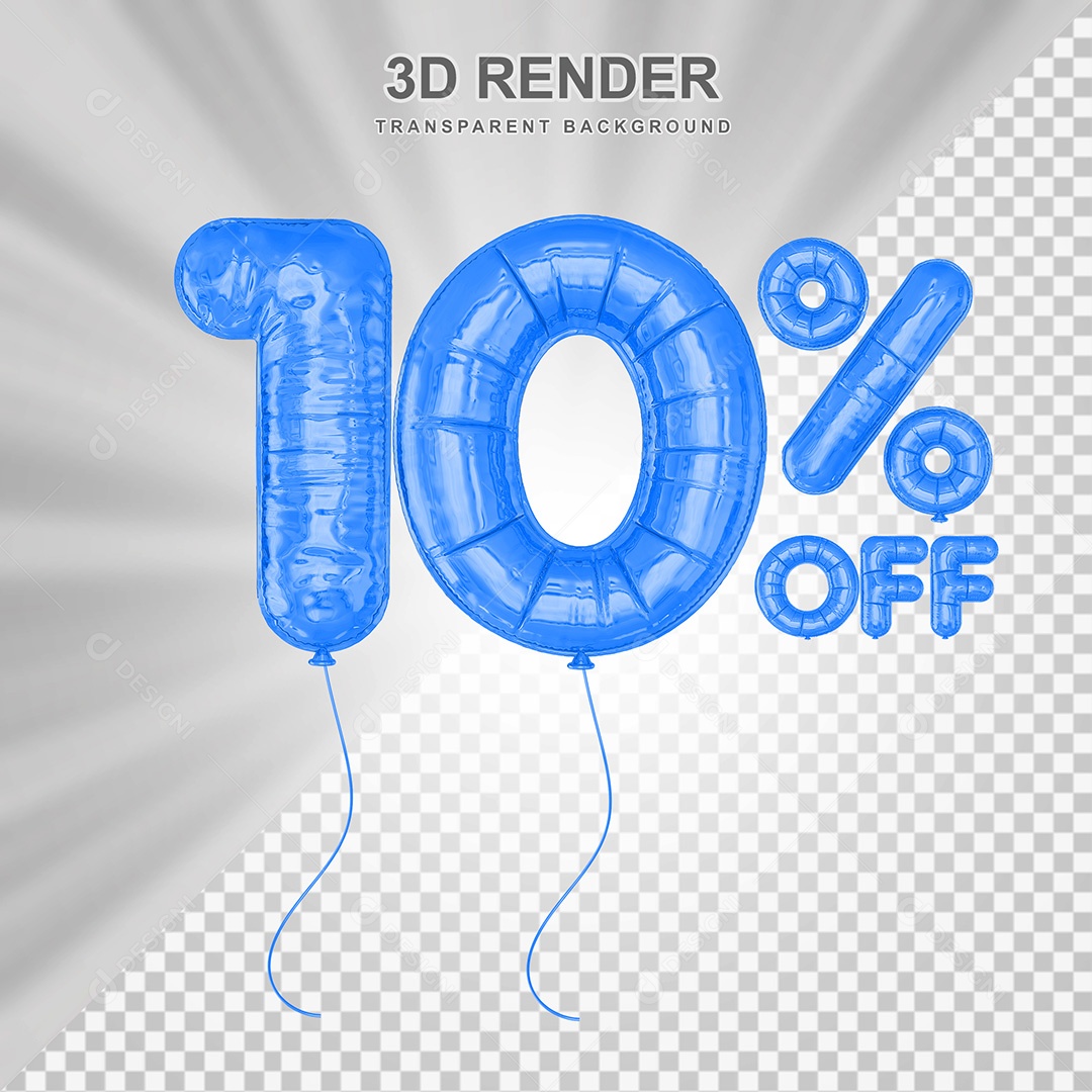 Elemento 3D Balão Azul de Número 10% para Composição PSD