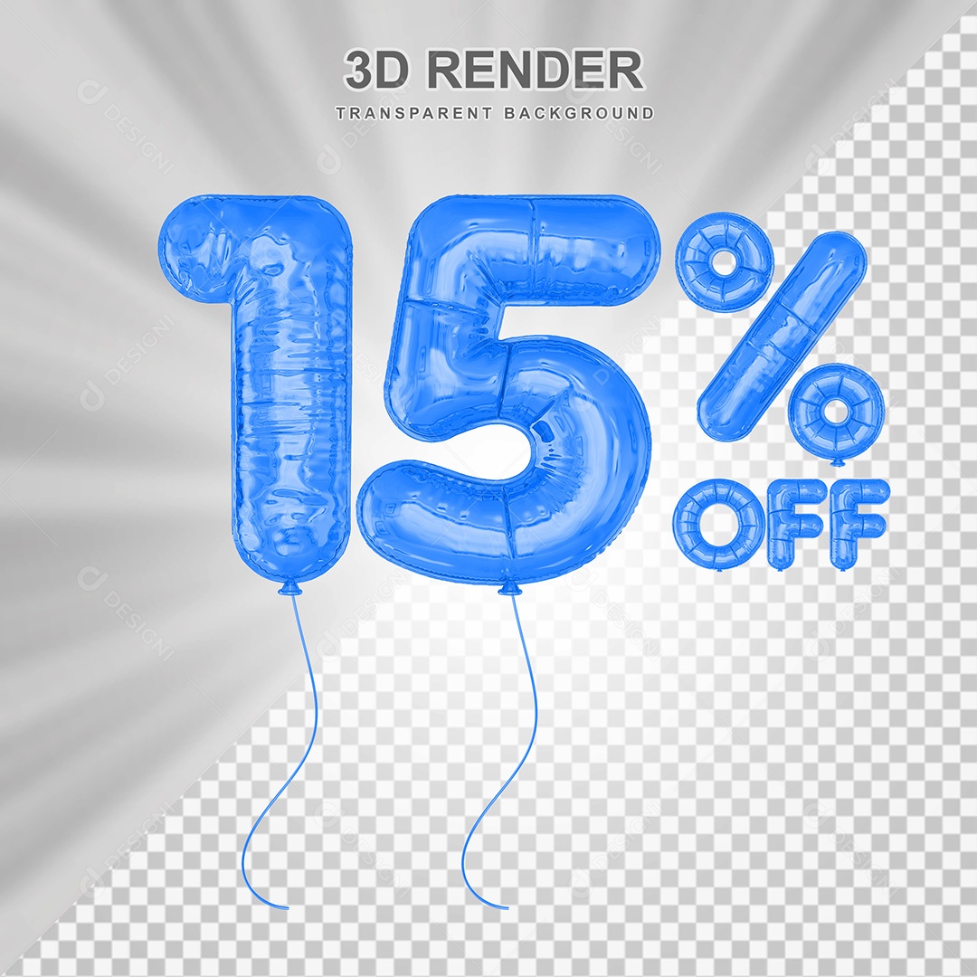 Elemento 3D Balão Azul de Número 15% para Composição PSD
