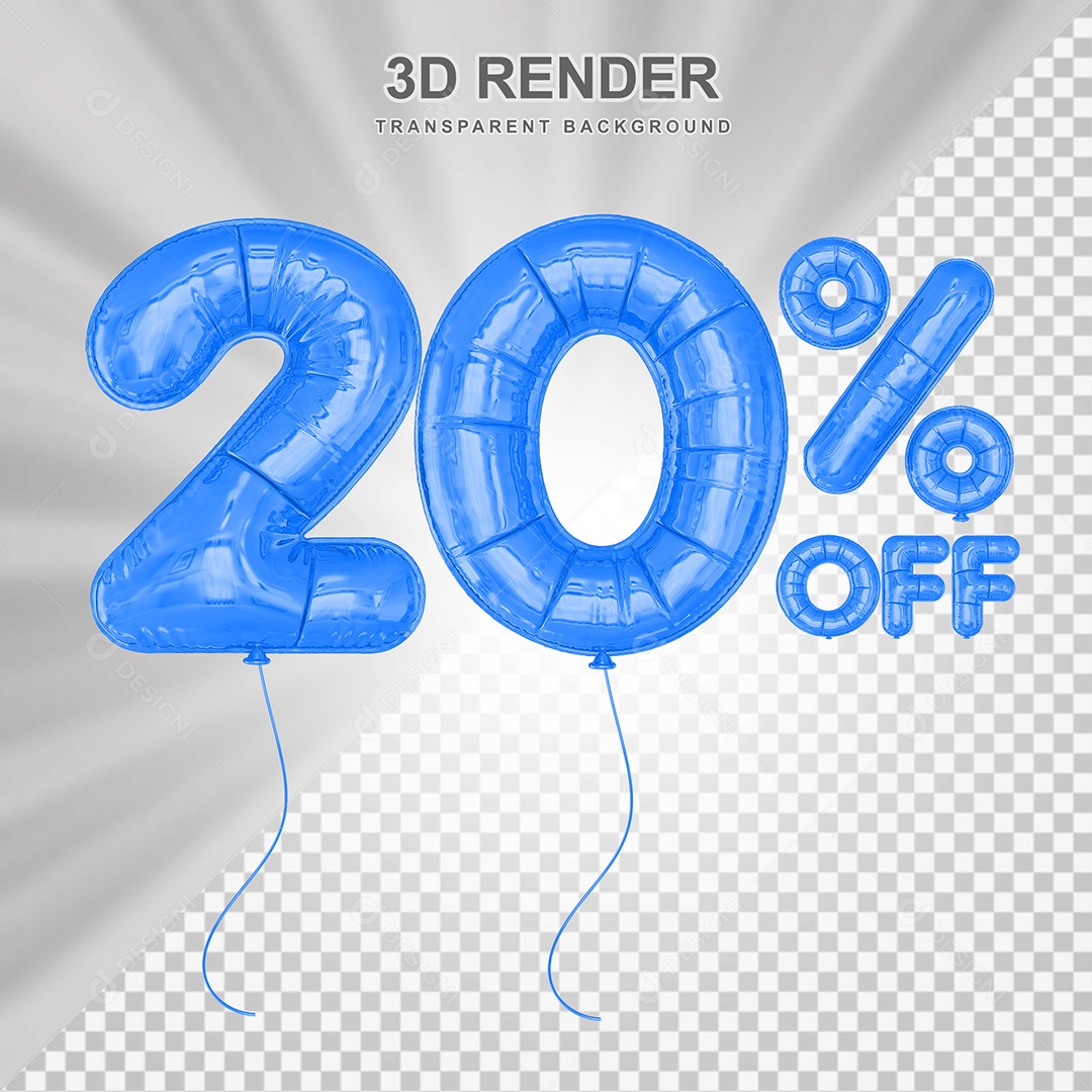 Elemento 3D Balão Azul de Número 20% para Composição PSD