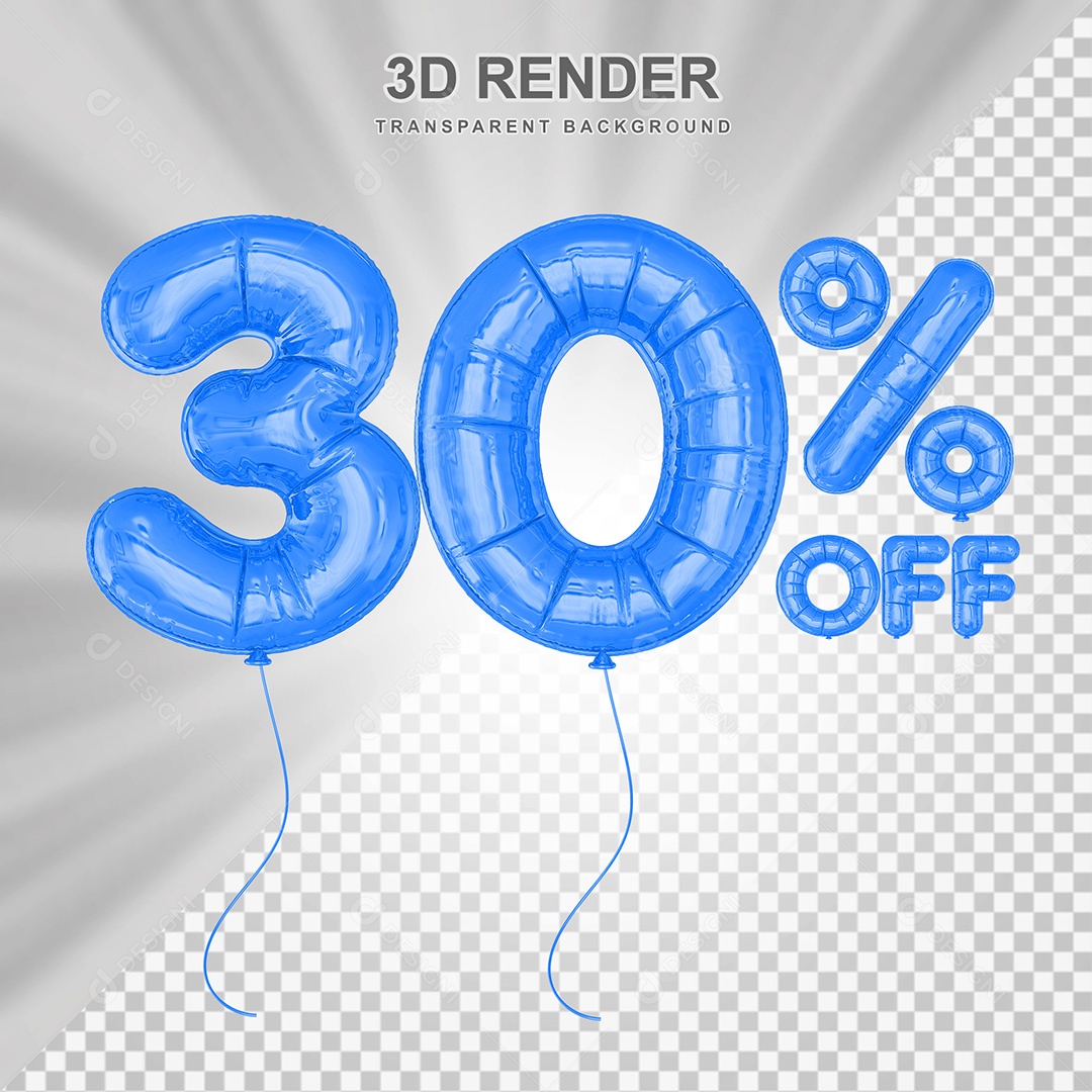 Elemento 3D Balão Azul de Número 30% para Composição PSD