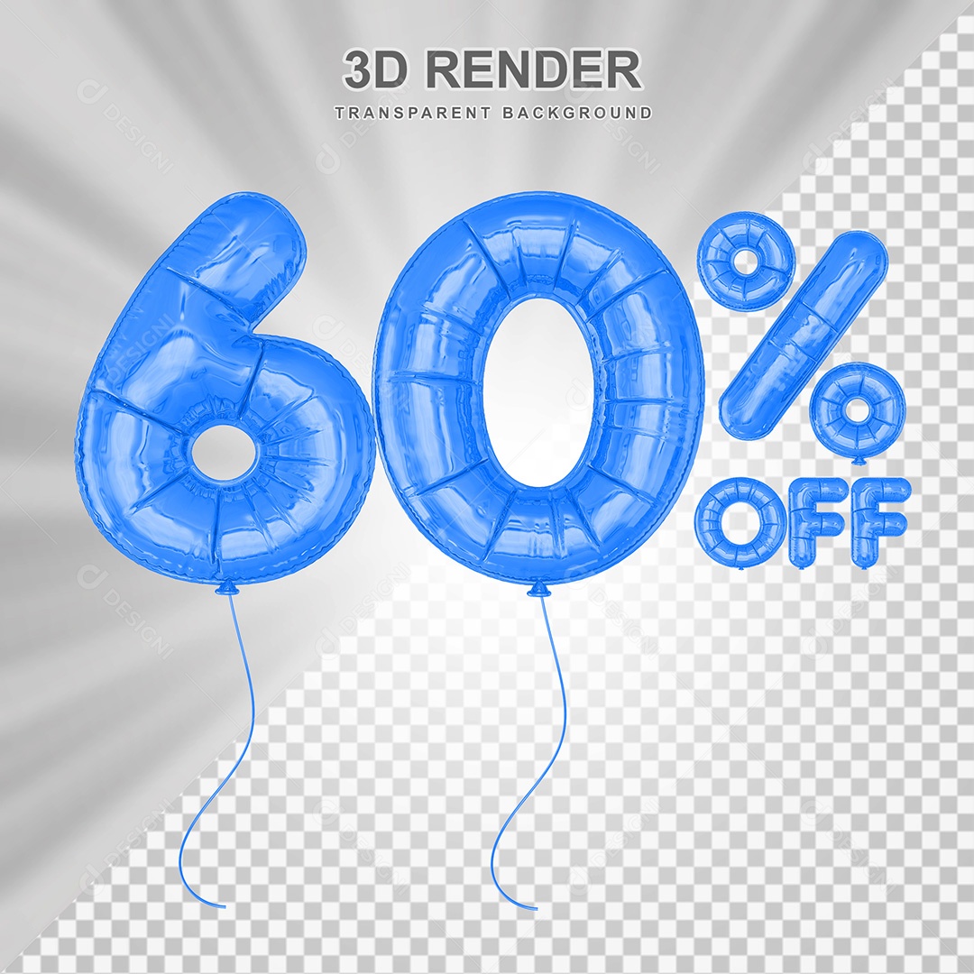 Elemento 3D Balão Azul de Número 60% para Composição PSD