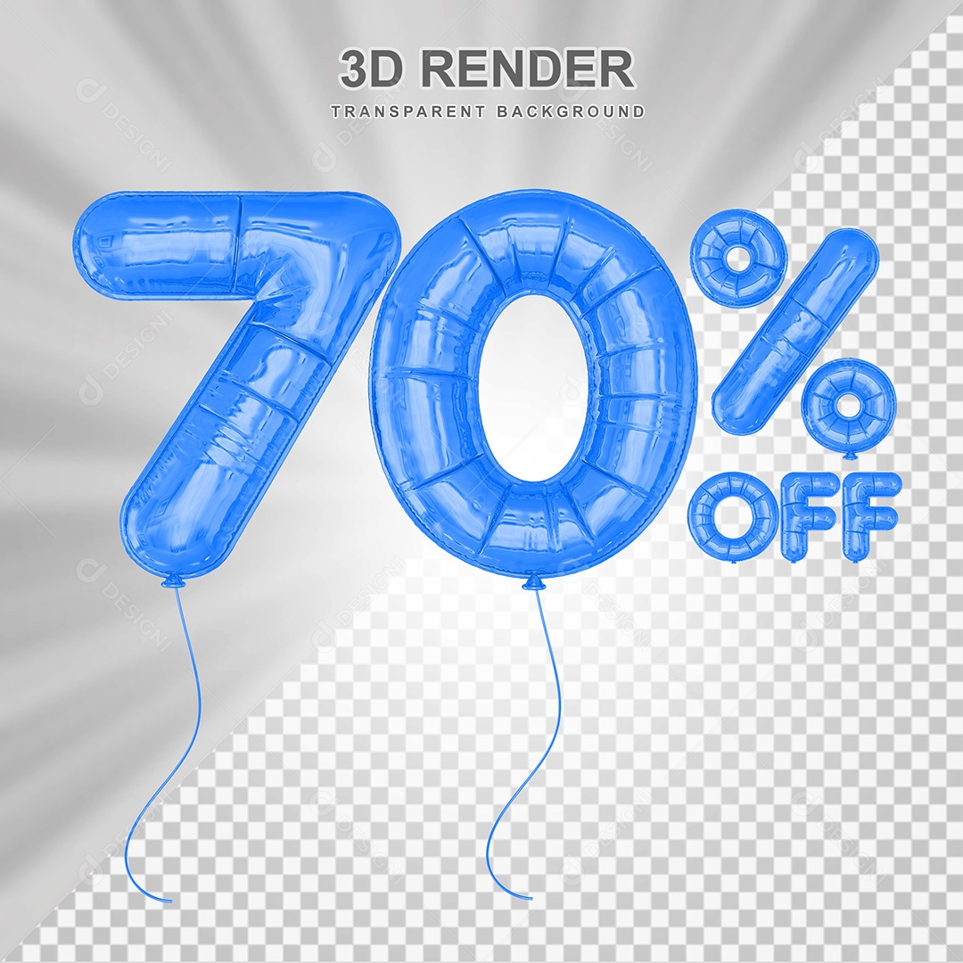 Elemento 3D Balão Azul de Número 70% para Composição PSD