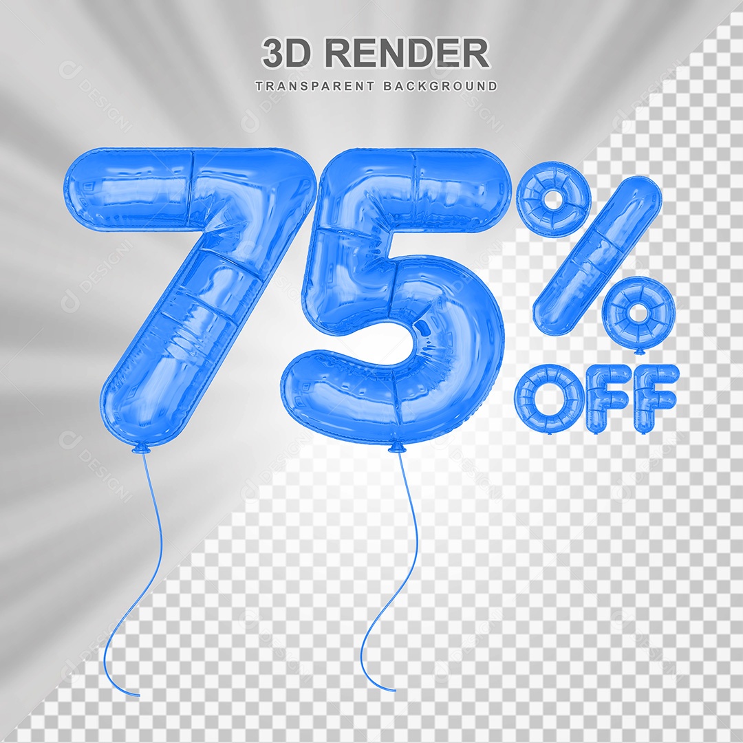 Elemento 3D Balão Azul de Número 75% para Composição PSD
