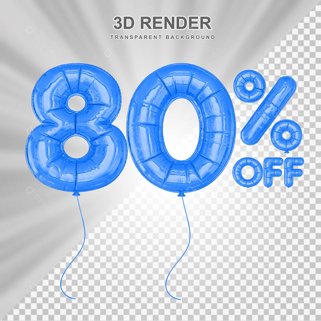 Elemento 3D Balão Azul de Número 80% para Composição PSD