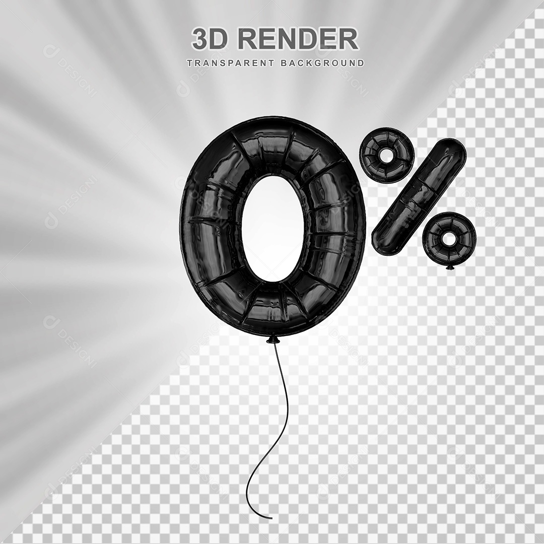 Elemento 3D Balão Preto de Número 0% para Composição PSD