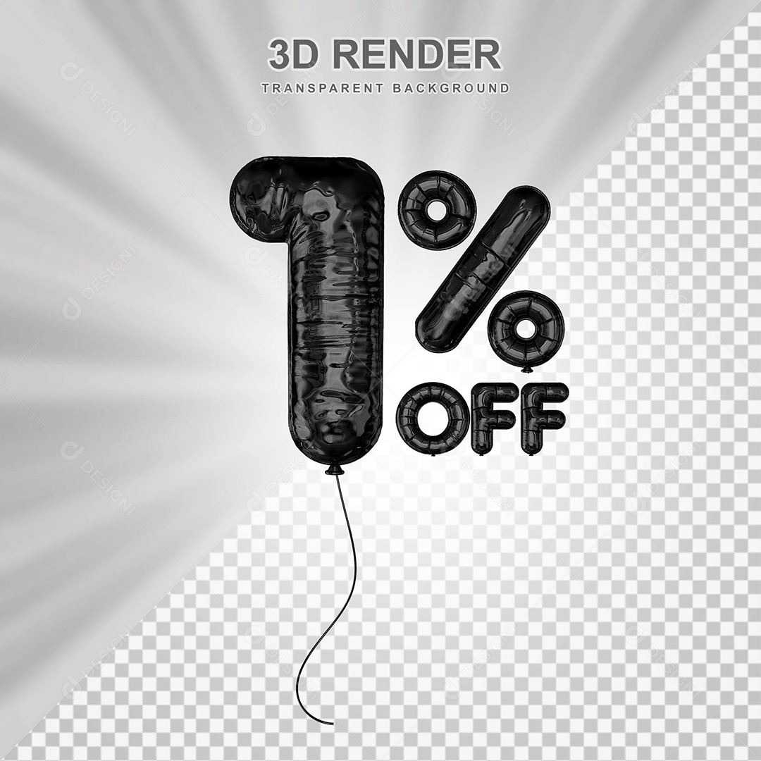 Elemento 3D Balão Preto de Número 1% para Composição PSD