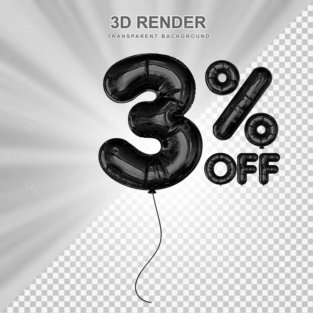 Elemento 3D Balão Preto de Número 3% para Composição PSD