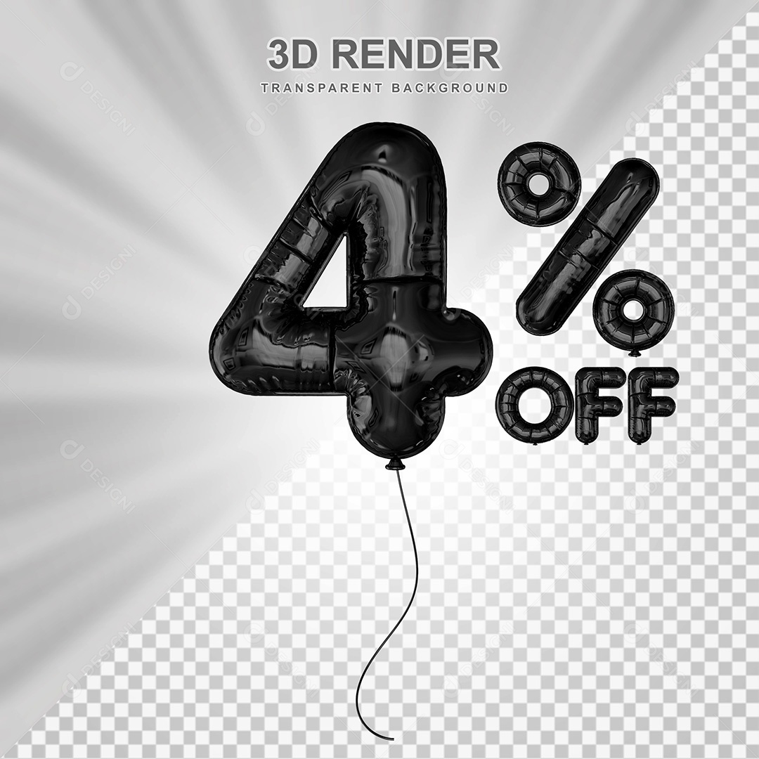 Elemento 3D Balão Preto de Número 4% para Composição PSD